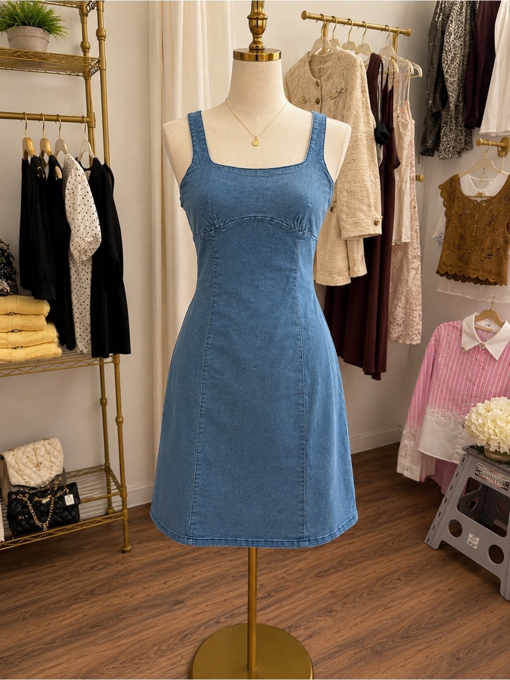 Denim A-Line Square Neck Dress - Blue